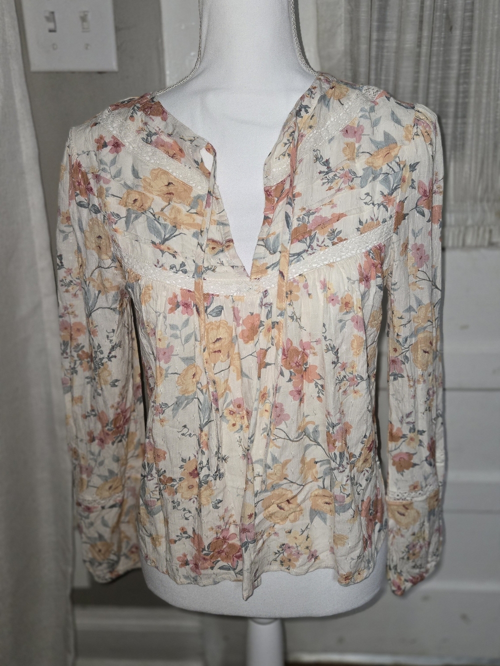 Floral Cream Peasant Blouse with Peach and Dusty Rose Accents